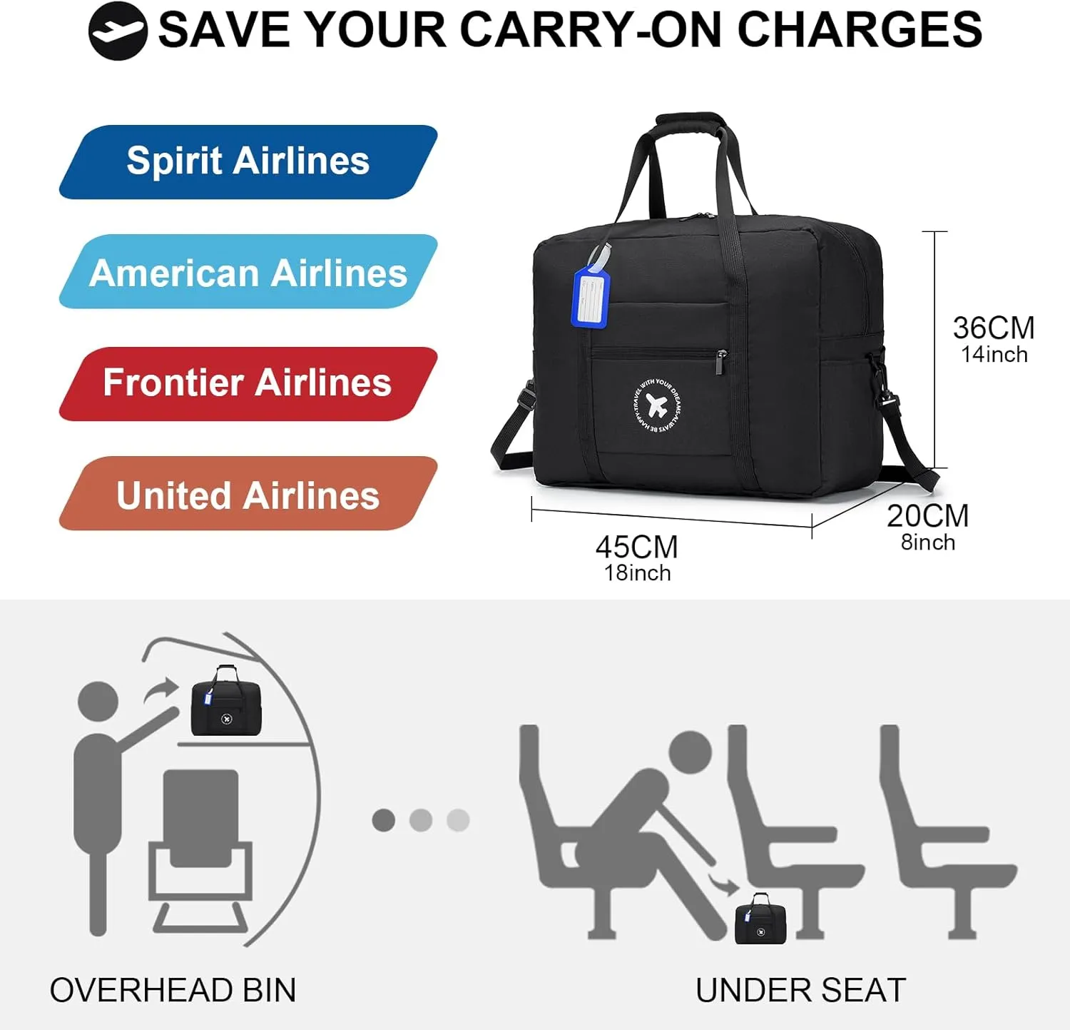 KSIBNW Travel Duffel Bag For Spirit Airlines Personal Item Bag 18x14x8 Inch Carry on Luggage Bag Gym Bag for Women and Men Black