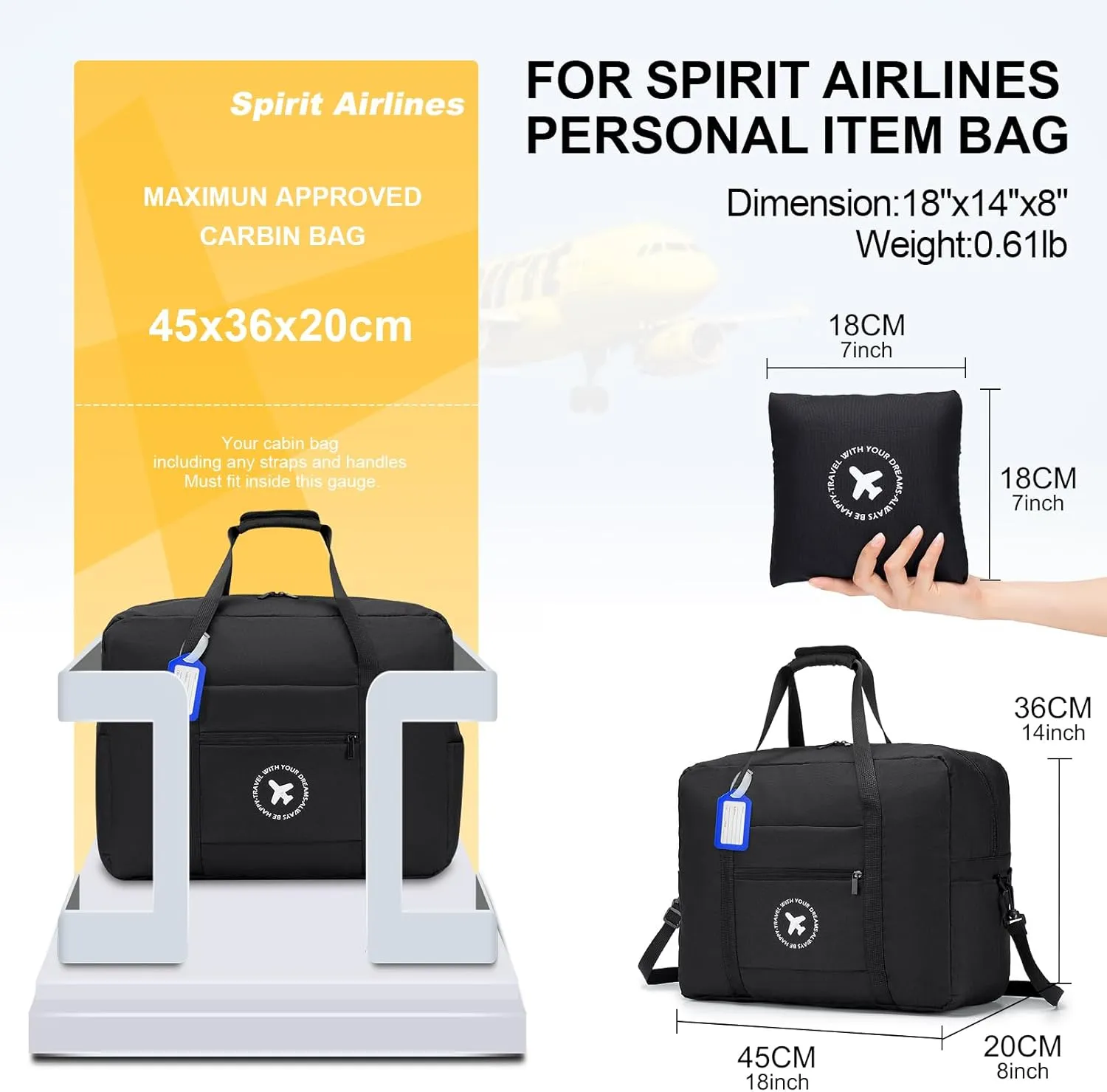 KSIBNW Travel Duffel Bag For Spirit Airlines Personal Item Bag 18x14x8 Inch Carry on Luggage Bag Gym Bag for Women and Men Black