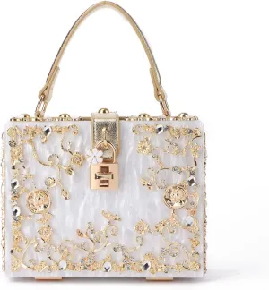 KUANG! Acrylic Flower Clutch Evening Bag Fashion Rhinestones Tote Box Handbags Purse for Banquet Party