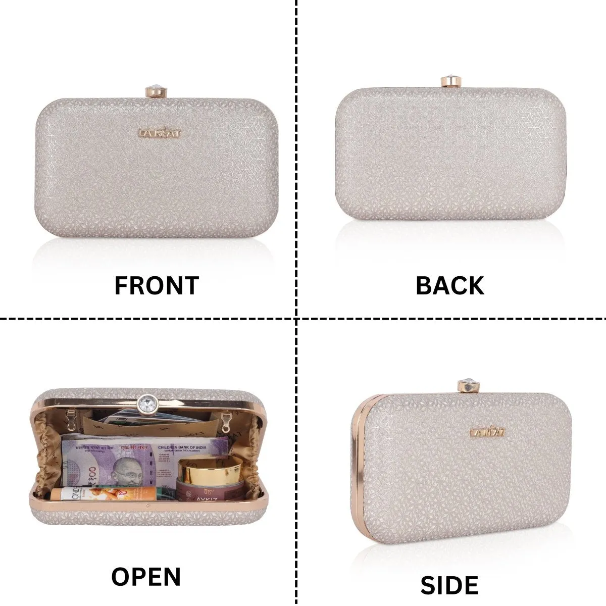 La Reat Floral Women's Oval Box Clutch Purse in Gold