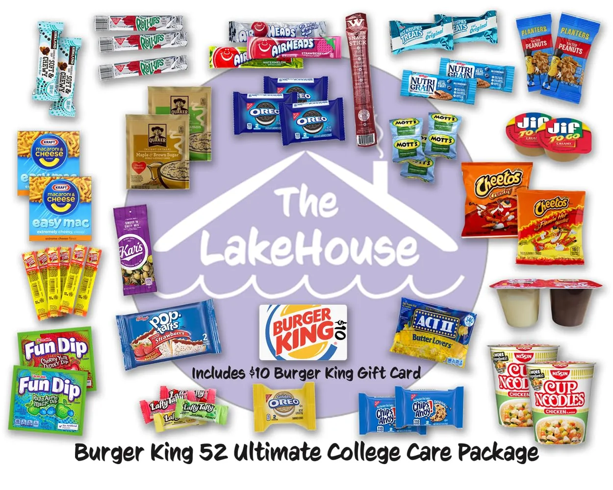 LakeHouse Student 52 College Care Package with Burger King Gift Card - College Essentials Snack Box - College Snack Boxes Care Packages for College Students Gift Basket - College Dorm Room Essentials