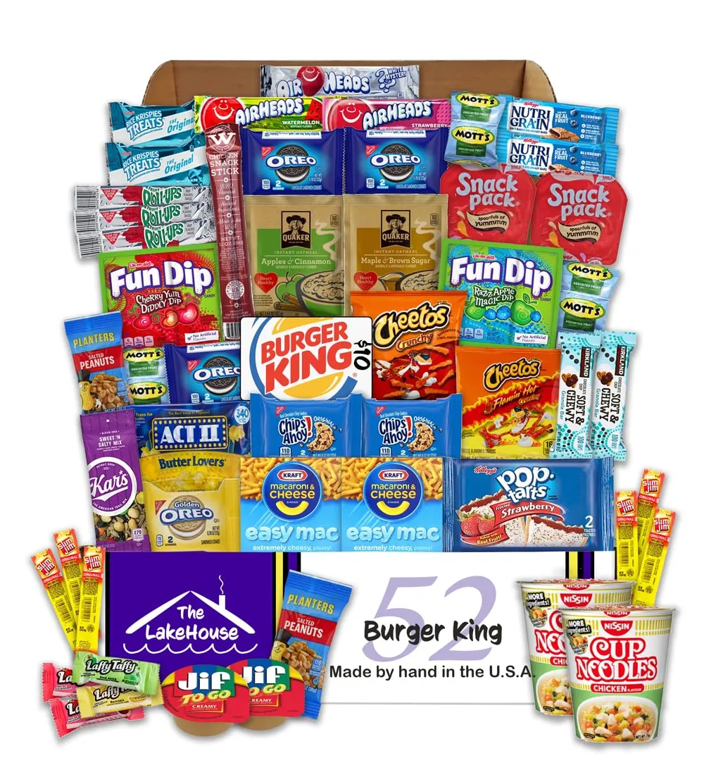 LakeHouse Student 52 College Care Package with Burger King Gift Card - College Essentials Snack Box - College Snack Boxes Care Packages for College Students Gift Basket - College Dorm Room Essentials