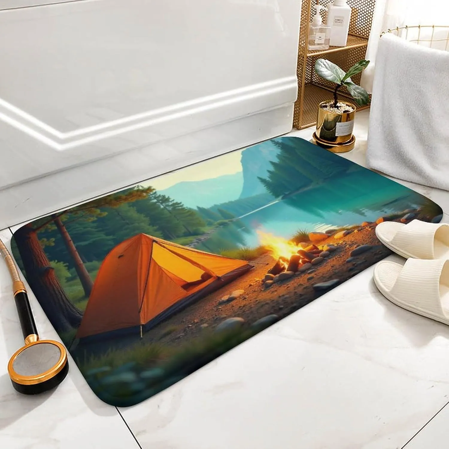 Lakeside Camping Bathroom Rug Mat Non Slip Washable Absorbent Microfiber Mats Machine Washable Soft Rugs for Shower Bath Accessories Decor 16"x24"