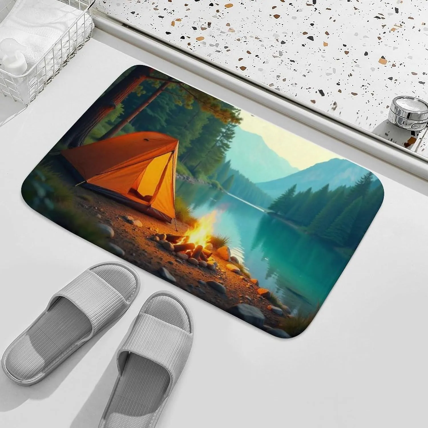 Lakeside Camping Bathroom Rug Mat Non Slip Washable Absorbent Microfiber Mats Machine Washable Soft Rugs for Shower Bath Accessories Decor 16"x24"