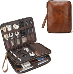 LANNSYNE Full Grain Leather Travel Cable Accessories Bag, Electronic Organizer Carry Case Double Layer Storage Case for Cables, Charger, Phone, Power Bank