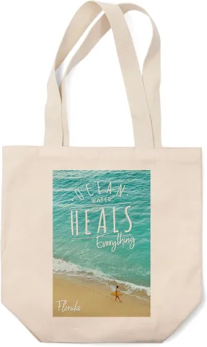 Lantern Press Florida, Ocean Water Heals Everything, Surfer on Beach (100% Cotton Canvas Reusable Tote Bag)
