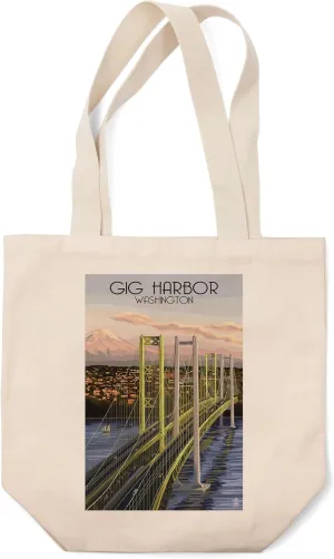 Lantern Press Gig Harbor, Washington, Narrows Bridge and Rainier (100% Cotton Canvas Reusable Tote Bag)
