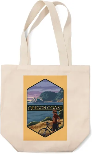 Lantern Press Oregon, Oregon Coast, Woman with Bicycle on Ocean Hillside, (100% Cotton Canvas Reusable Tote Bag)