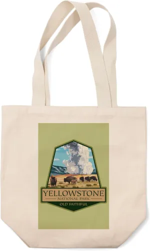 Lantern Press Yellowstone National Park, Wyoming, Old Faithful Geyser and Bison Herd, (100% Cotton Canvas Reusable Tote Bag)