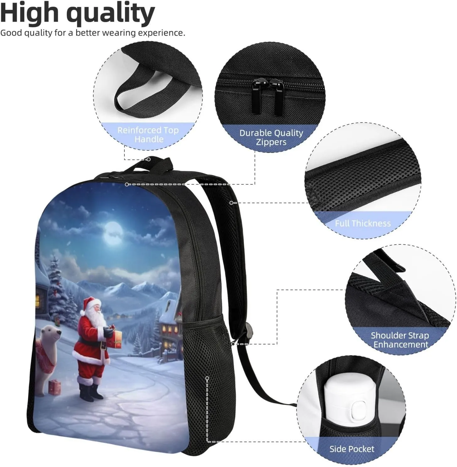 Laptop Backpack for Women Men Carry-on Backpack Christmas Winter Santa Daypack Lightweight Travel Shoulder Bags