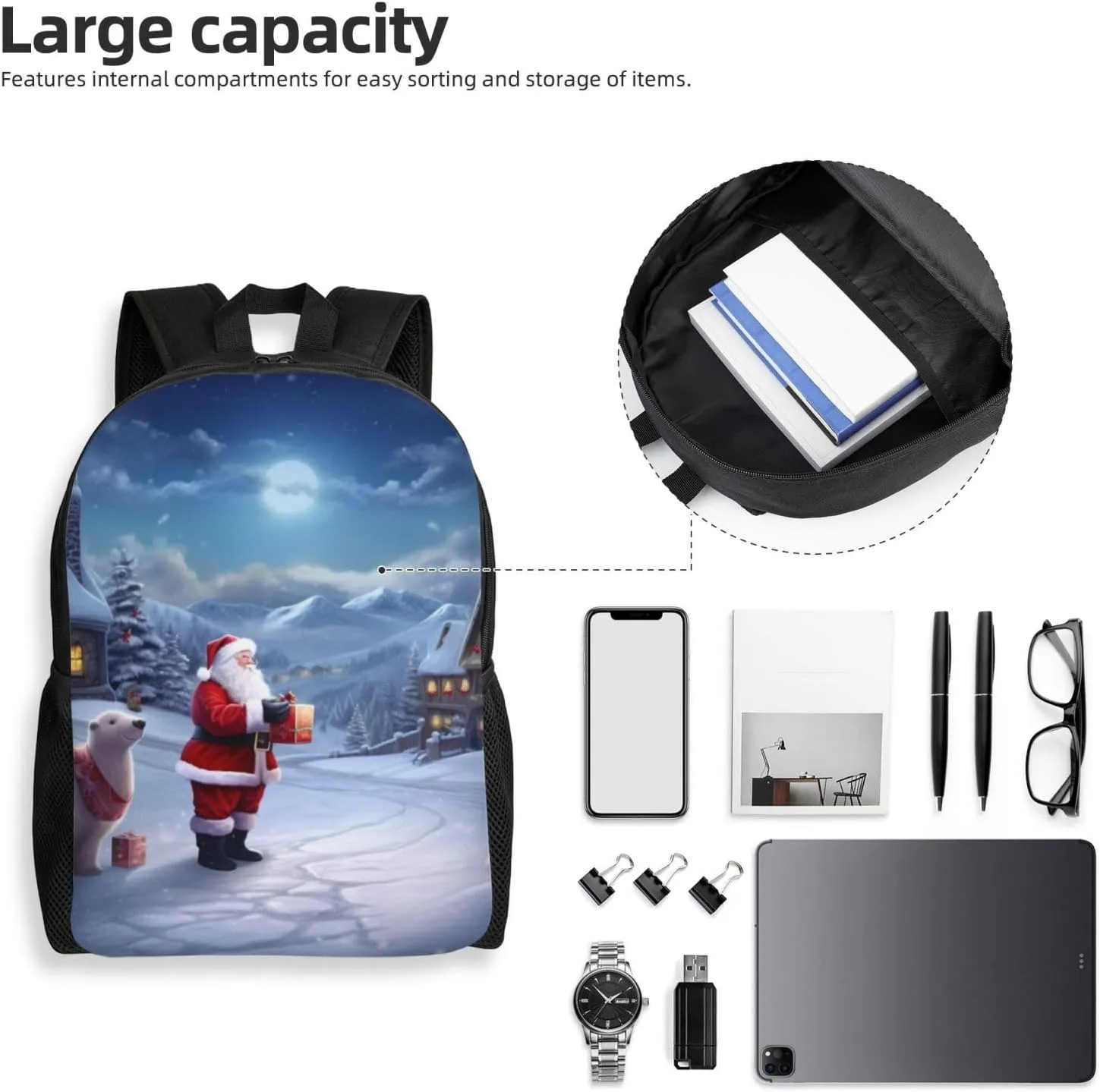 Laptop Backpack for Women Men Carry-on Backpack Christmas Winter Santa Daypack Lightweight Travel Shoulder Bags