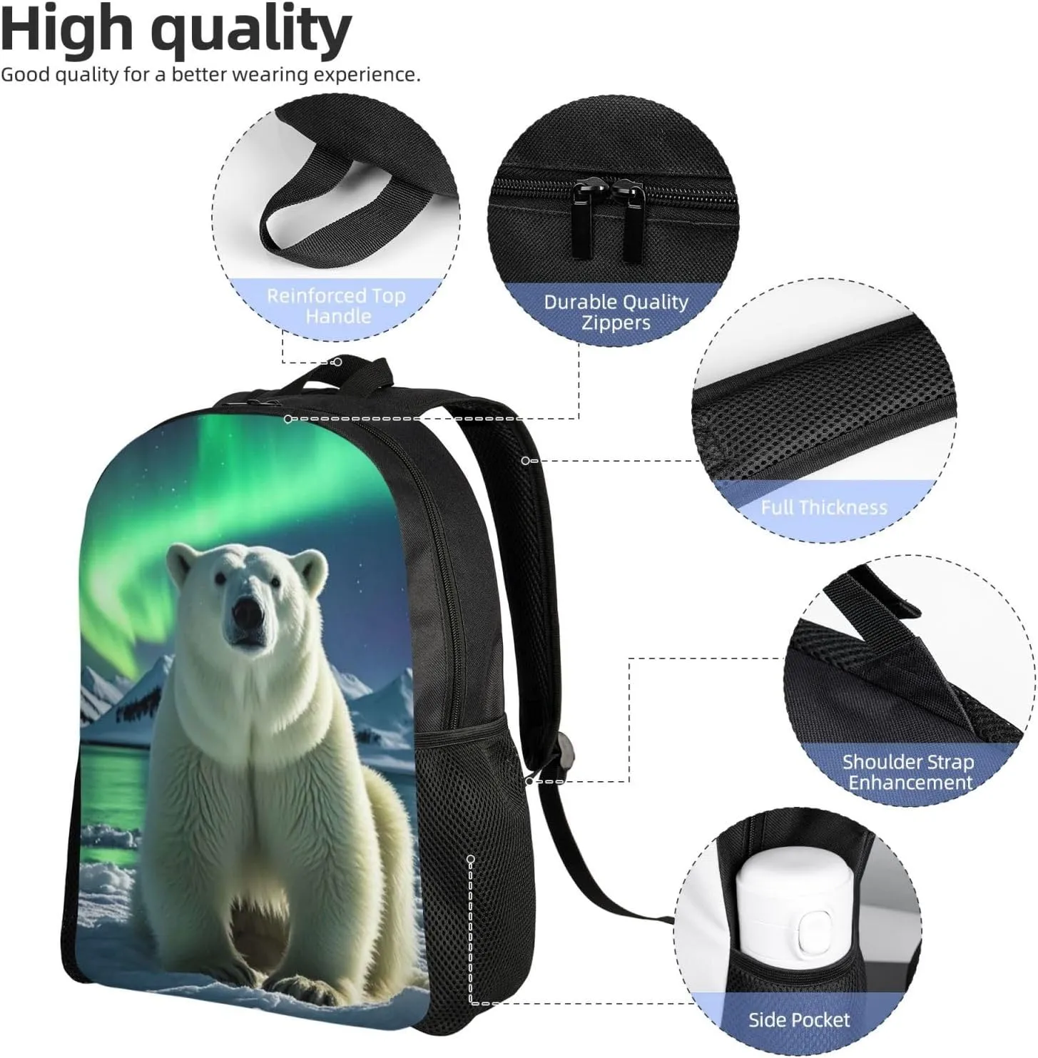 Laptop Backpack for Women Men Carry-on Backpack Northern Lights Polar Bear Daypack Lightweight Travel Shoulder Bags