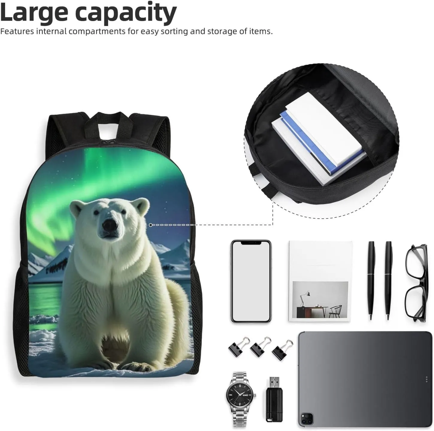 Laptop Backpack for Women Men Carry-on Backpack Northern Lights Polar Bear Daypack Lightweight Travel Shoulder Bags