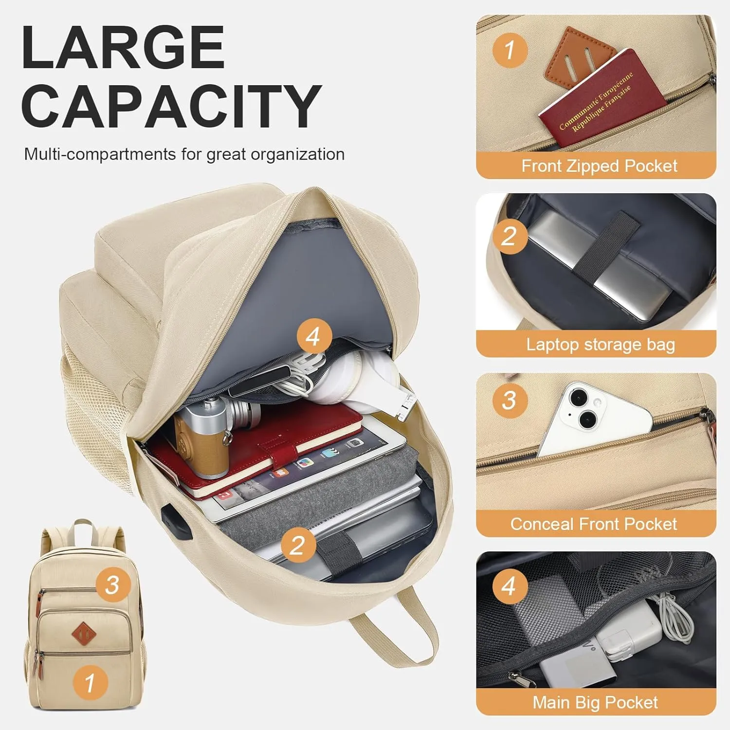 Laptop Backpack for Work, College, Travel, Daily Backpacks for Men Women, Computer Bag Fits 15.6 Inch Notebook, Beige