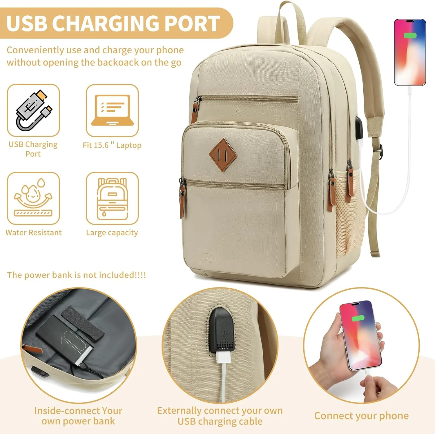Laptop Backpack for Work, College, Travel, Daily Backpacks for Men Women, Computer Bag Fits 15.6 Inch Notebook, Beige