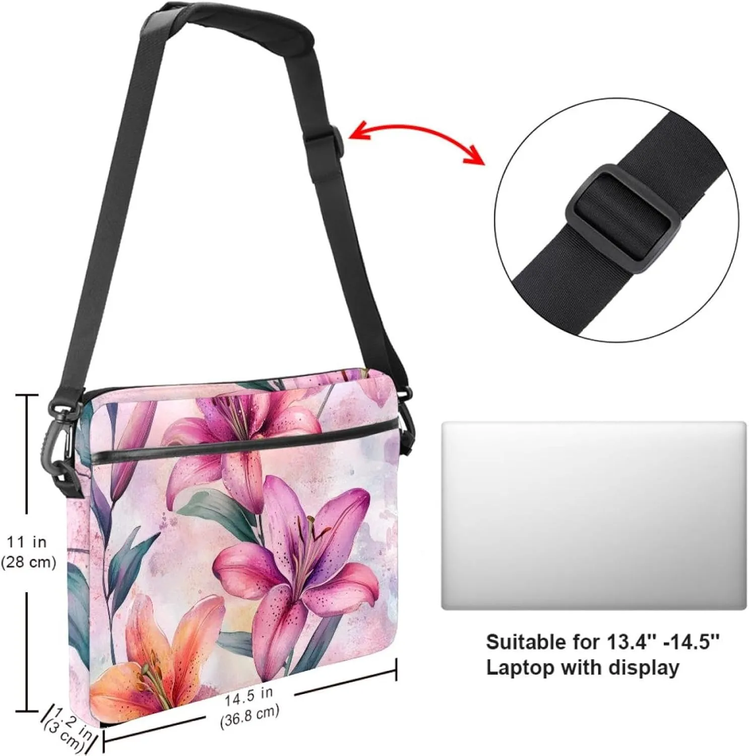 Laptop Shoulder Bag Watercolor Leaves Twigs Pattern Padded Computer Briefcase for Adults, 13.4-14.5 Inch