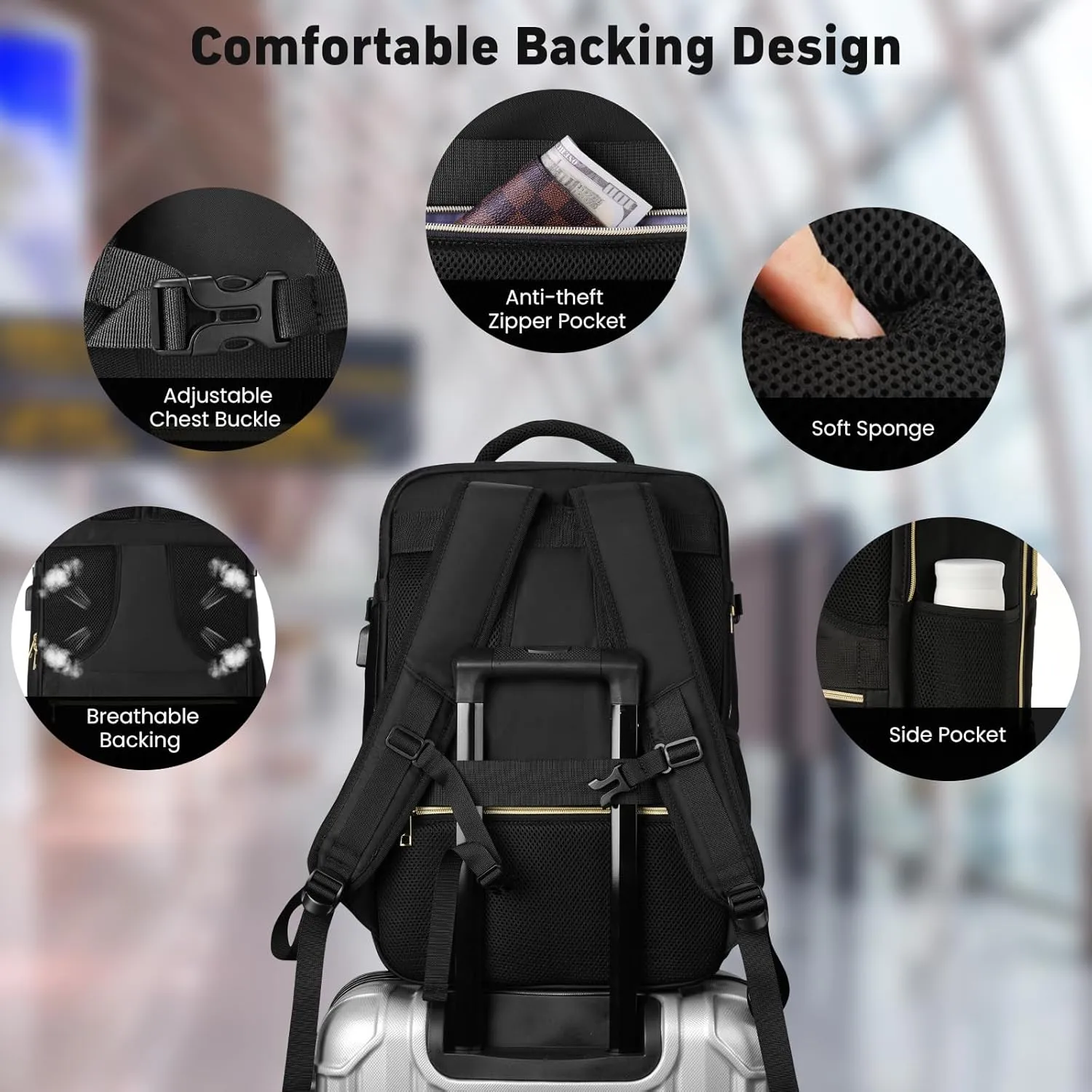 Large Carry On Travel Backpack - Flight Approved Waterproof Luggage Suitcase Backpacks Personal Item Size for Women Men Fit 17 Inch Laptop College Overnight Bag Anti-Theft Weekender Daypack Black