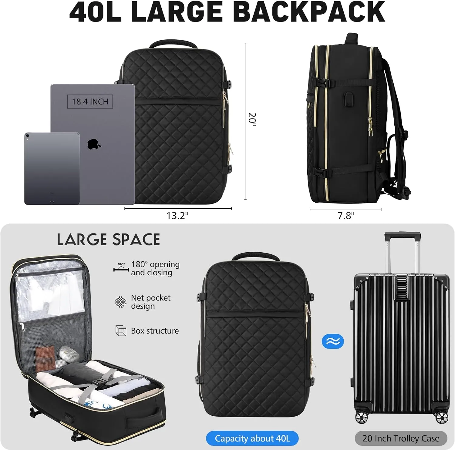 Large Carry On Travel Backpack - Flight Approved Waterproof Luggage Suitcase Backpacks Personal Item Size for Women Men Fit 17 Inch Laptop College Overnight Bag Anti-Theft Weekender Daypack Black