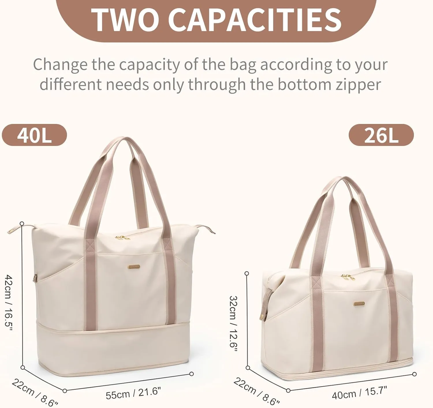 Large Duffel Bag Women Sports Bag Portable Travel Bag, Expandable Space Weekender Bag for Sports, Gym and Travel (Creamy-White)
