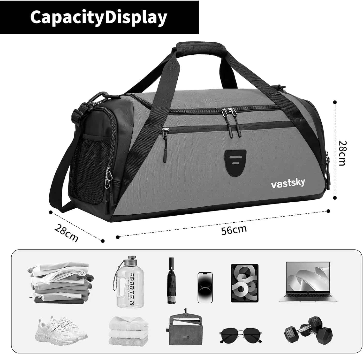 Large Gym Duffle Bags for men and women, large duffle bag for Travel, Weekend Overnight bag with shoe compartment & wet pocket, water resistant sports duffle bag gymbag (grey)