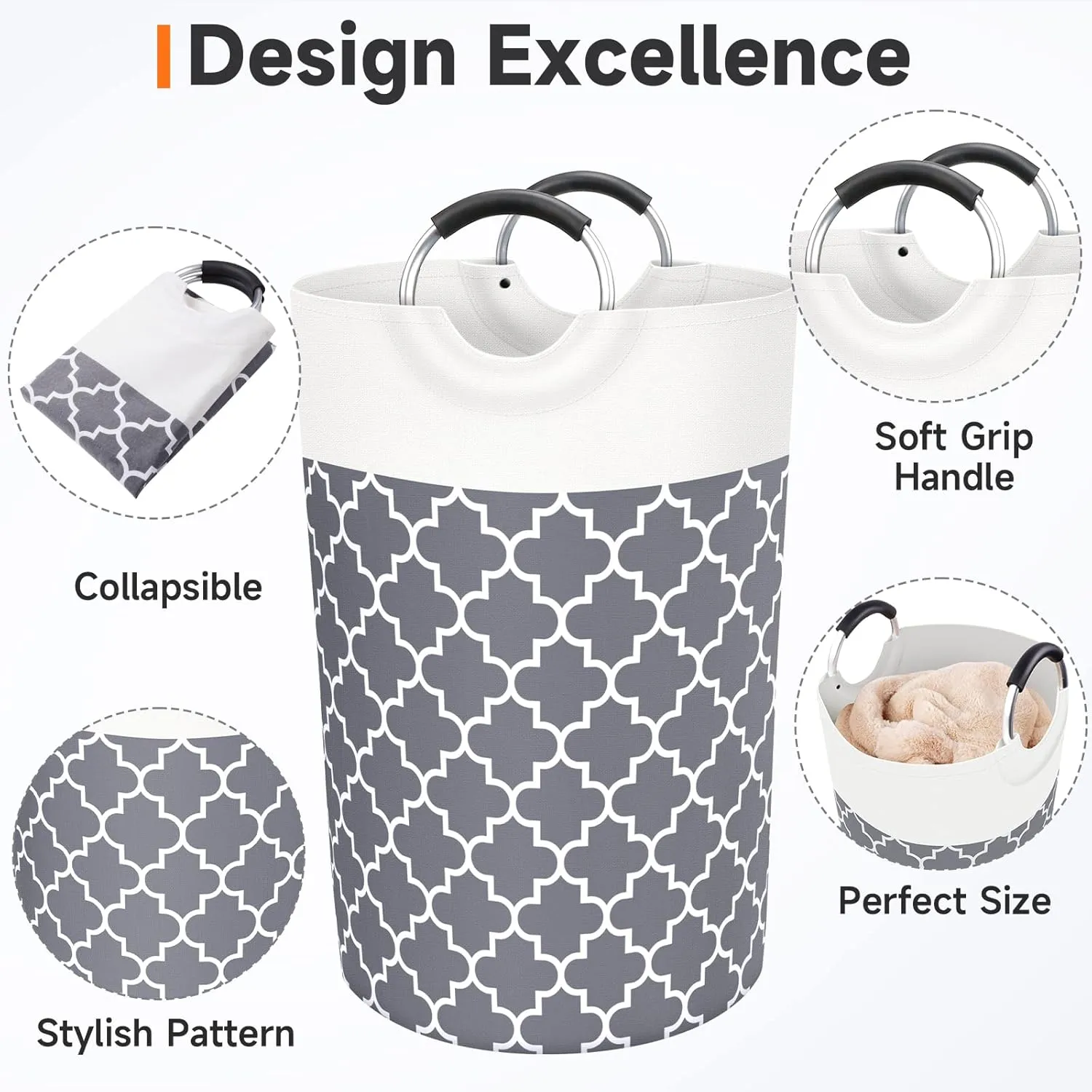 Large Laundry Basket Laundry Hamper Bag Washing Bin Clothes Bag Collapsible Tall with Handles Waterproof Travel Bathroom College Essentials Storage for College Dorm, Family (Grey) 115L