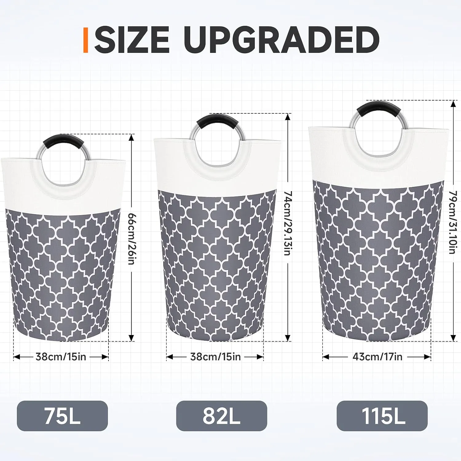 Large Laundry Basket Laundry Hamper Bag Washing Bin Clothes Bag Collapsible Tall with Handles Waterproof Travel Bathroom College Essentials Storage for College Dorm, Family (Grey) 115L
