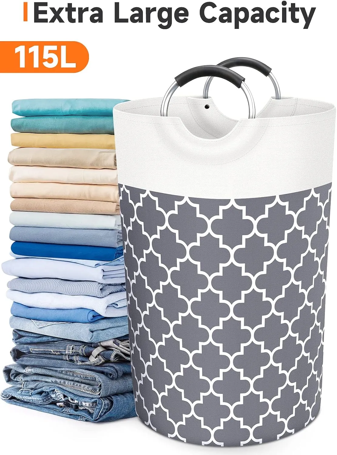 Large Laundry Basket Laundry Hamper Bag Washing Bin Clothes Bag Collapsible Tall with Handles Waterproof Travel Bathroom College Essentials Storage for College Dorm, Family (Grey) 115L