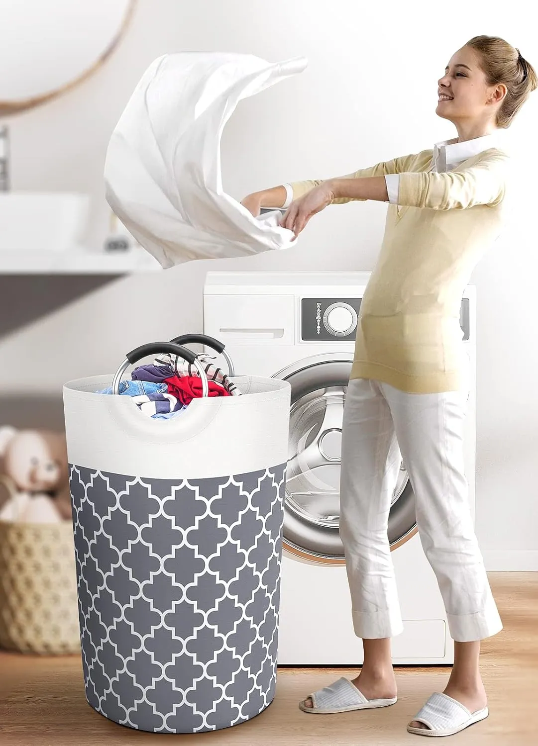 Large Laundry Basket Laundry Hamper Bag Washing Bin Clothes Bag Collapsible Tall with Handles Waterproof Travel Bathroom College Essentials Storage for College Dorm, Family (Grey) 115L