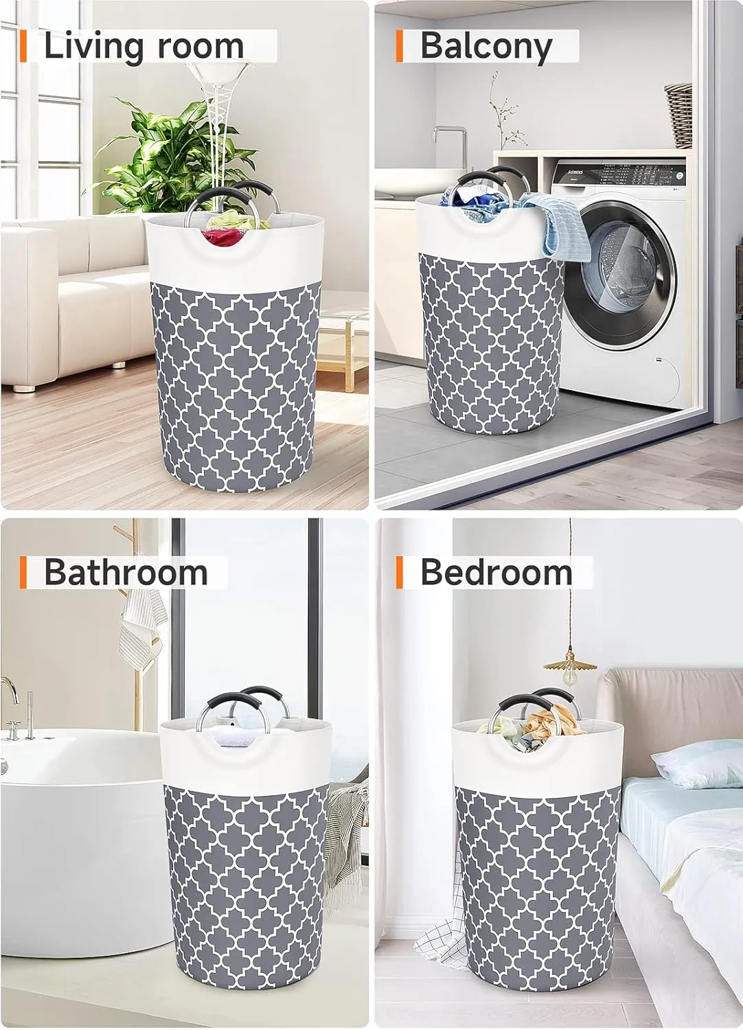 Large Laundry Basket Laundry Hamper Bag Washing Bin Clothes Bag Collapsible Tall with Handles Waterproof Travel Bathroom College Essentials Storage for College Dorm, Family (Grey) 115L