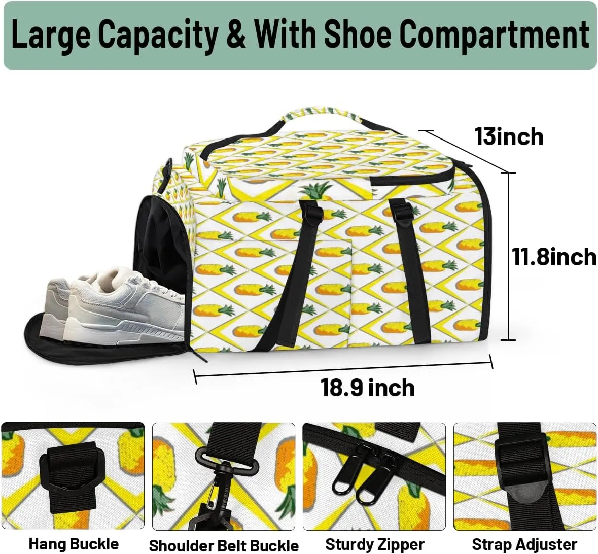 Large Sports Gym Bag With Shoe & Laptop Compartment 47L Waterproof Travel Duffel Bags for Men Women Abstract Pineapple Print Luggage Backpack Duffle Bag