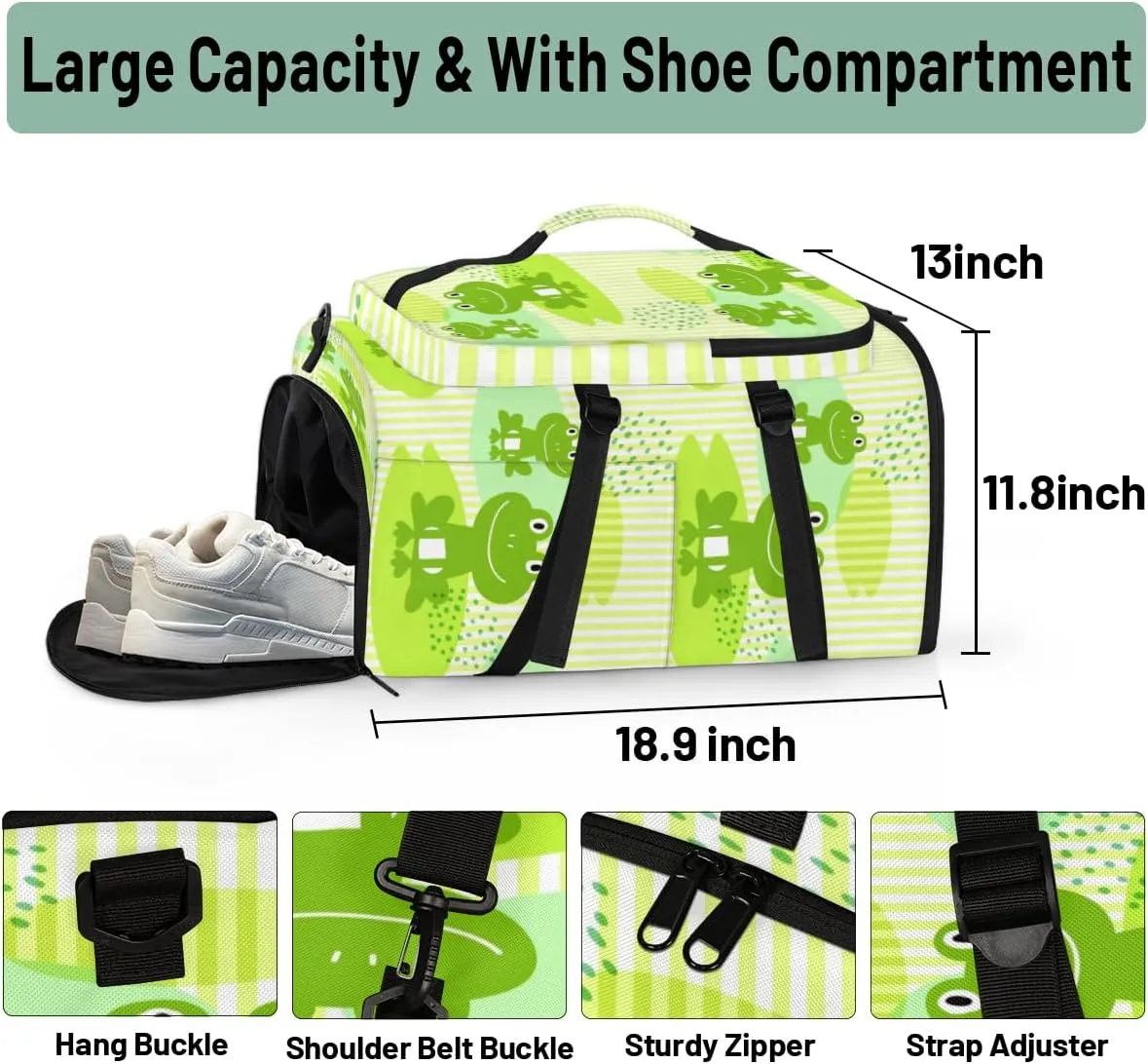 Large Sports Gym Bag With Shoe & Laptop Compartment 47L Waterproof Travel Duffel Bags for Men Women Animal Frogs Luggage Backpack Duffle Bag