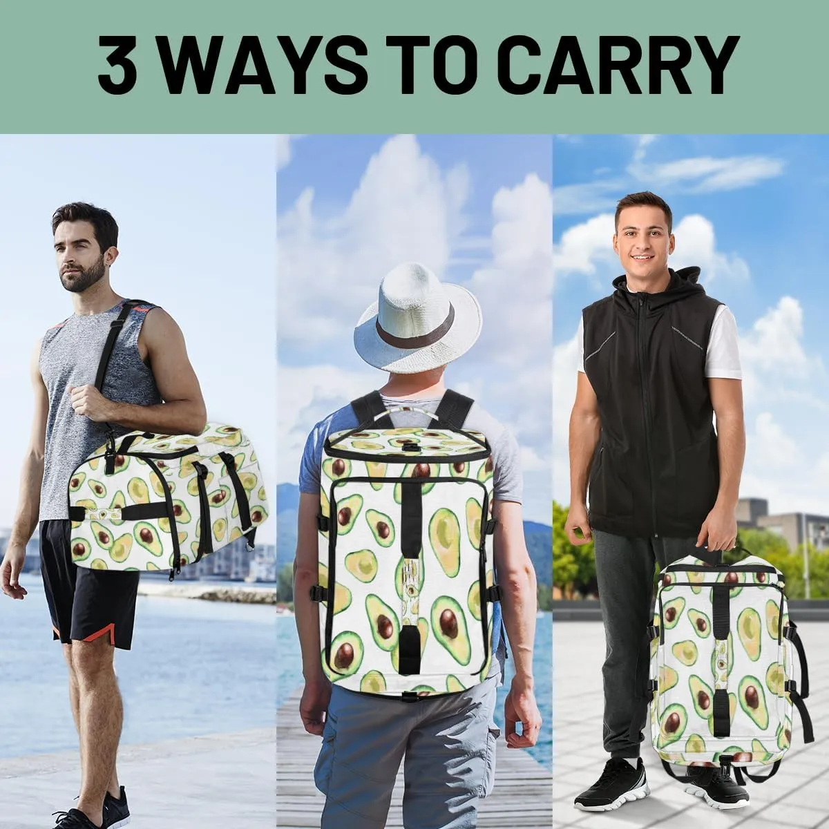 Large Sports Gym Bag With Shoe & Laptop Compartment 47L Waterproof Travel Duffel Bags for Men Women Avocados Luggage Backpack Duffle Bag