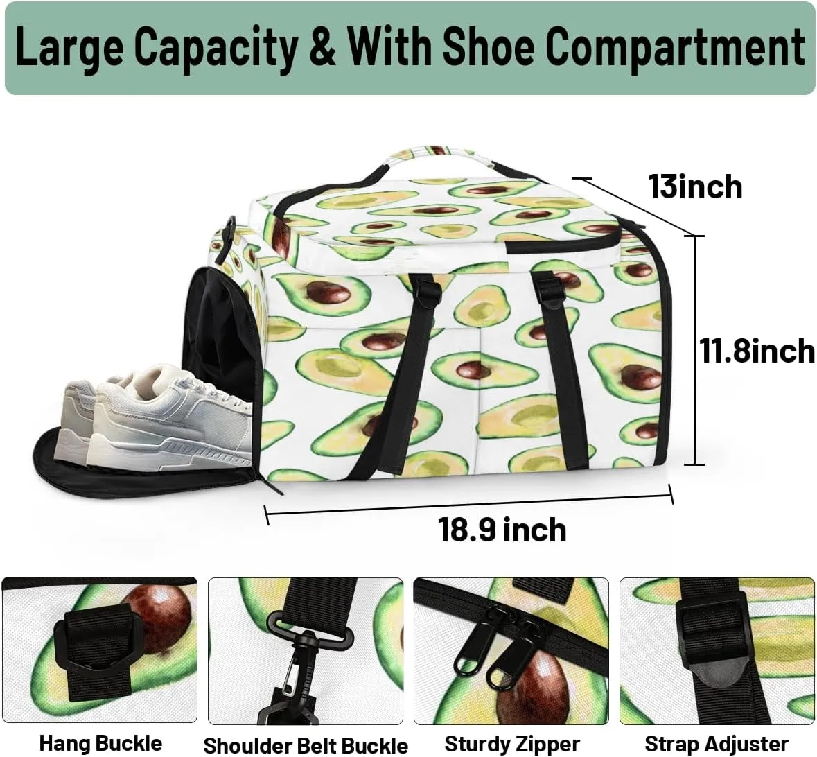 Large Sports Gym Bag With Shoe & Laptop Compartment 47L Waterproof Travel Duffel Bags for Men Women Avocados Luggage Backpack Duffle Bag