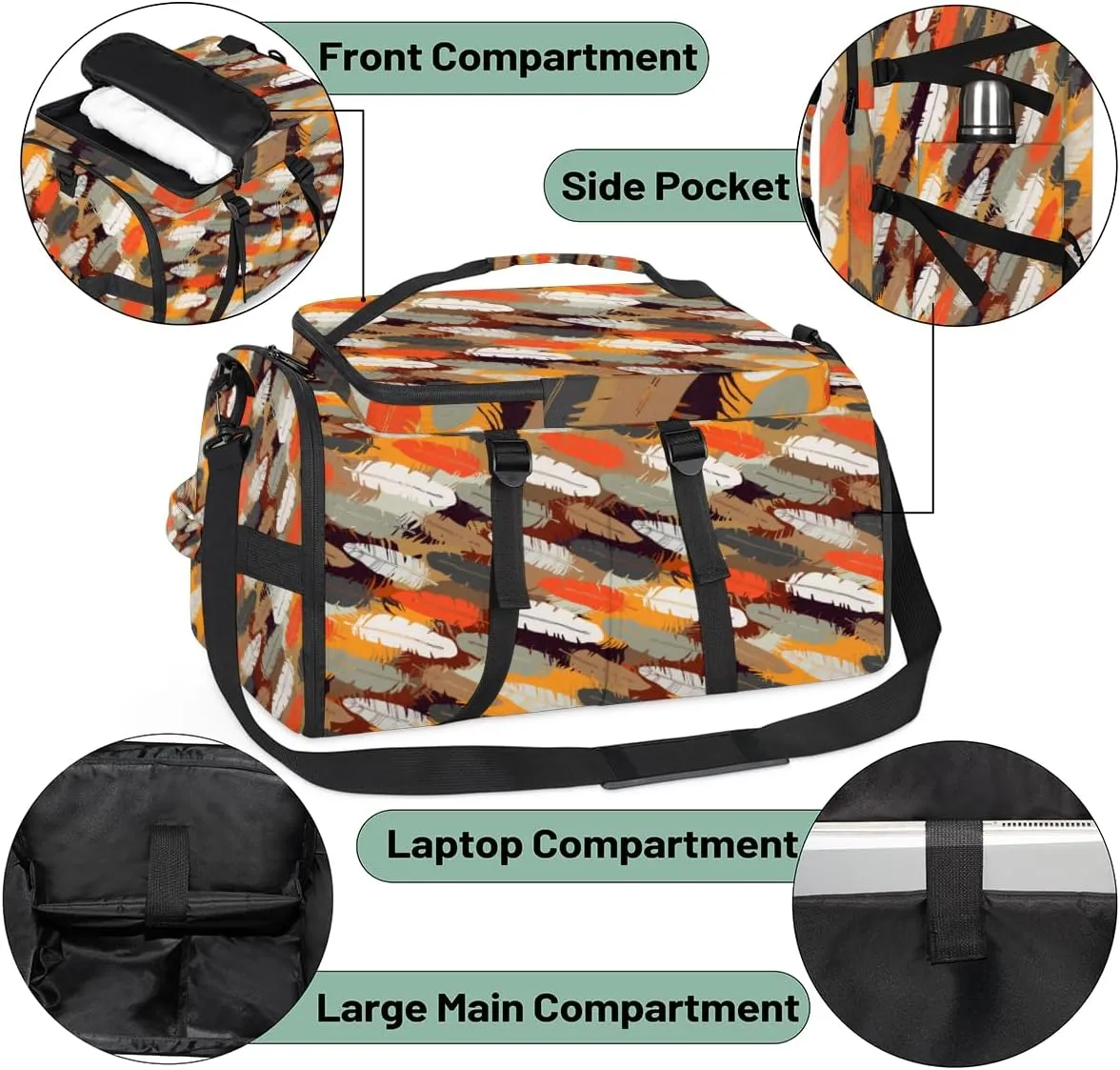 Large Sports Gym Bag With Shoe & Laptop Compartment 47L Waterproof Travel Duffel Bags for Men Women Bohemian Feathers Luggage Backpack Duffle Bag