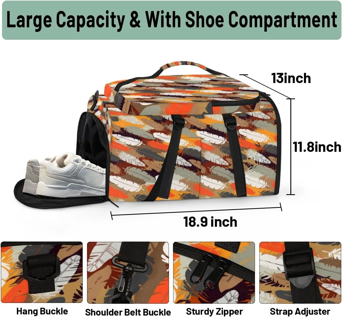 Large Sports Gym Bag With Shoe & Laptop Compartment 47L Waterproof Travel Duffel Bags for Men Women Bohemian Feathers Luggage Backpack Duffle Bag