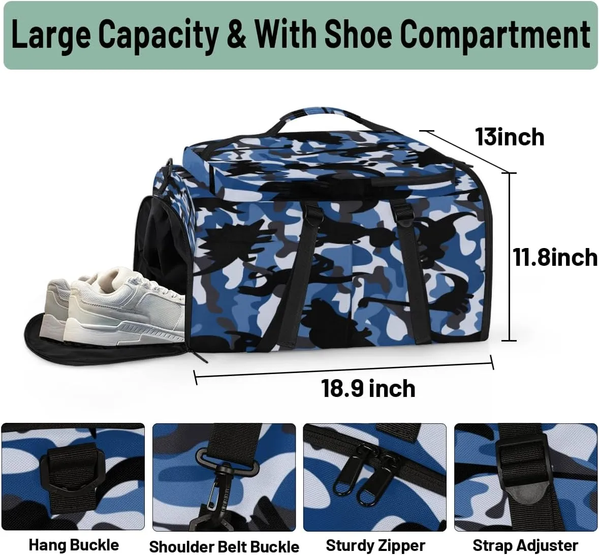 Large Sports Gym Bag With Shoe & Laptop Compartment 47L Waterproof Travel Duffel Bags for Men Women Camo Dinosaur Pattern Luggage Backpack Duffle Bag
