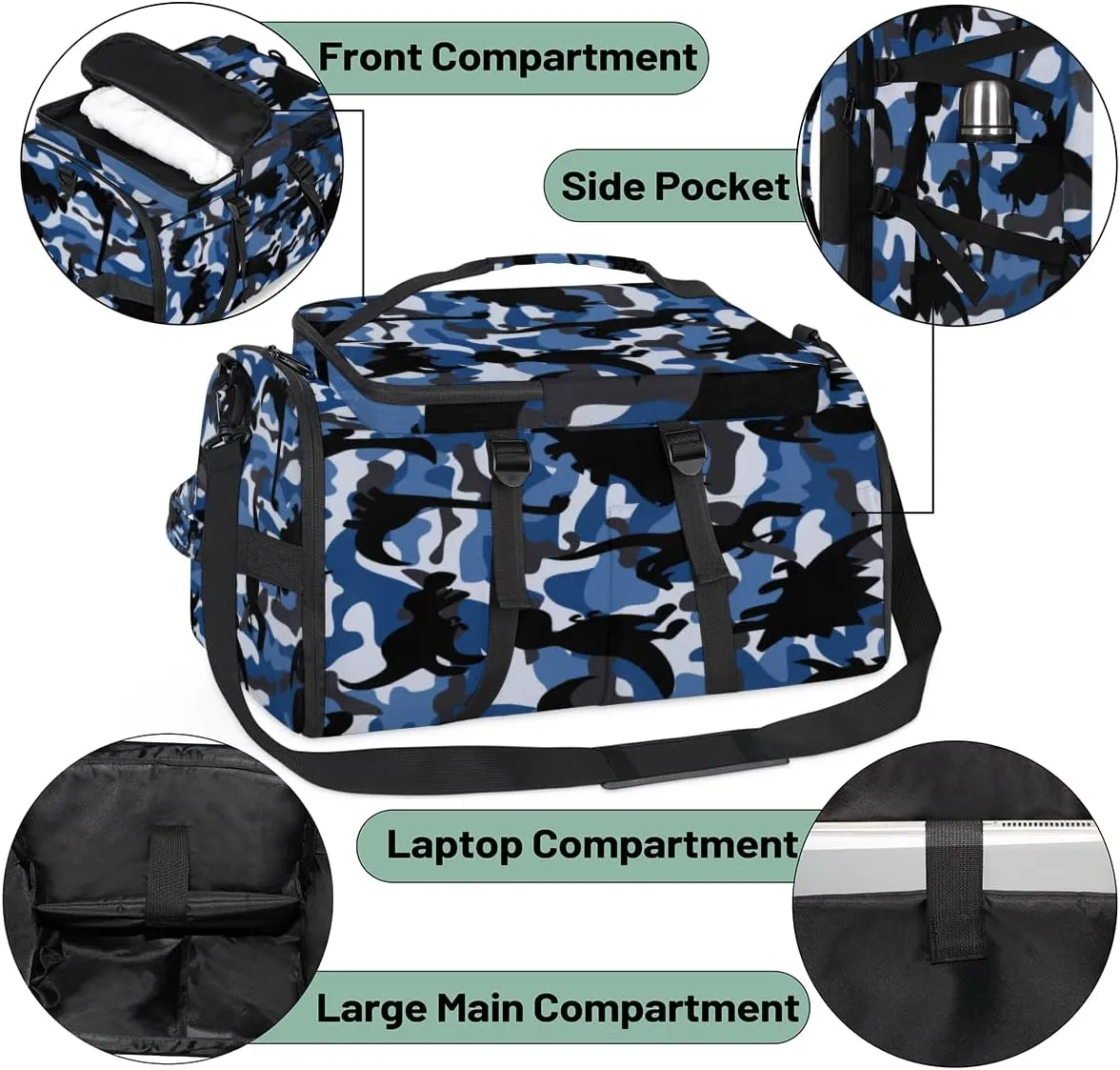 Large Sports Gym Bag With Shoe & Laptop Compartment 47L Waterproof Travel Duffel Bags for Men Women Camo Dinosaur Pattern Luggage Backpack Duffle Bag