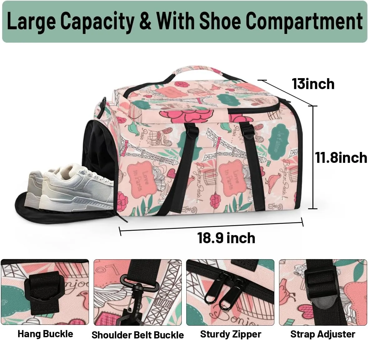 Large Sports Gym Bag With Shoe & Laptop Compartment 47L Waterproof Travel Duffel Bags for Men Women Cartoon Eiffel Tower Luggage Backpack Duffle Bag