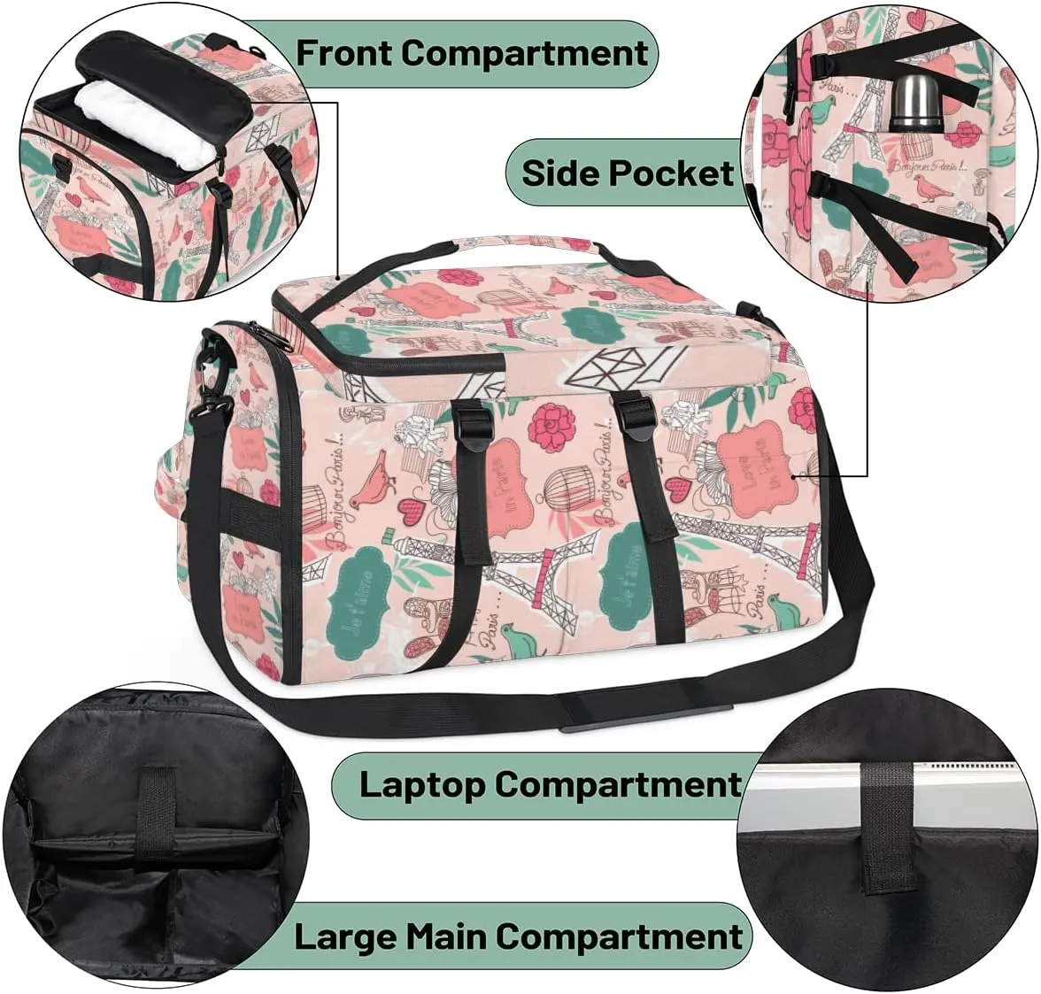 Large Sports Gym Bag With Shoe & Laptop Compartment 47L Waterproof Travel Duffel Bags for Men Women Cartoon Eiffel Tower Luggage Backpack Duffle Bag
