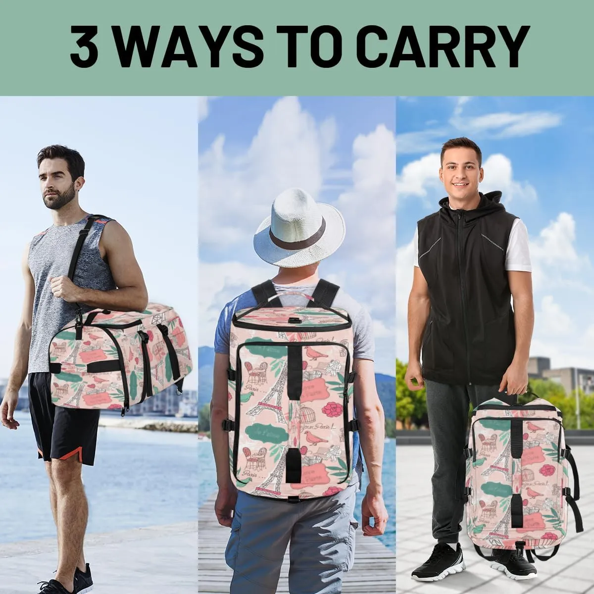Large Sports Gym Bag With Shoe & Laptop Compartment 47L Waterproof Travel Duffel Bags for Men Women Cartoon Eiffel Tower Luggage Backpack Duffle Bag