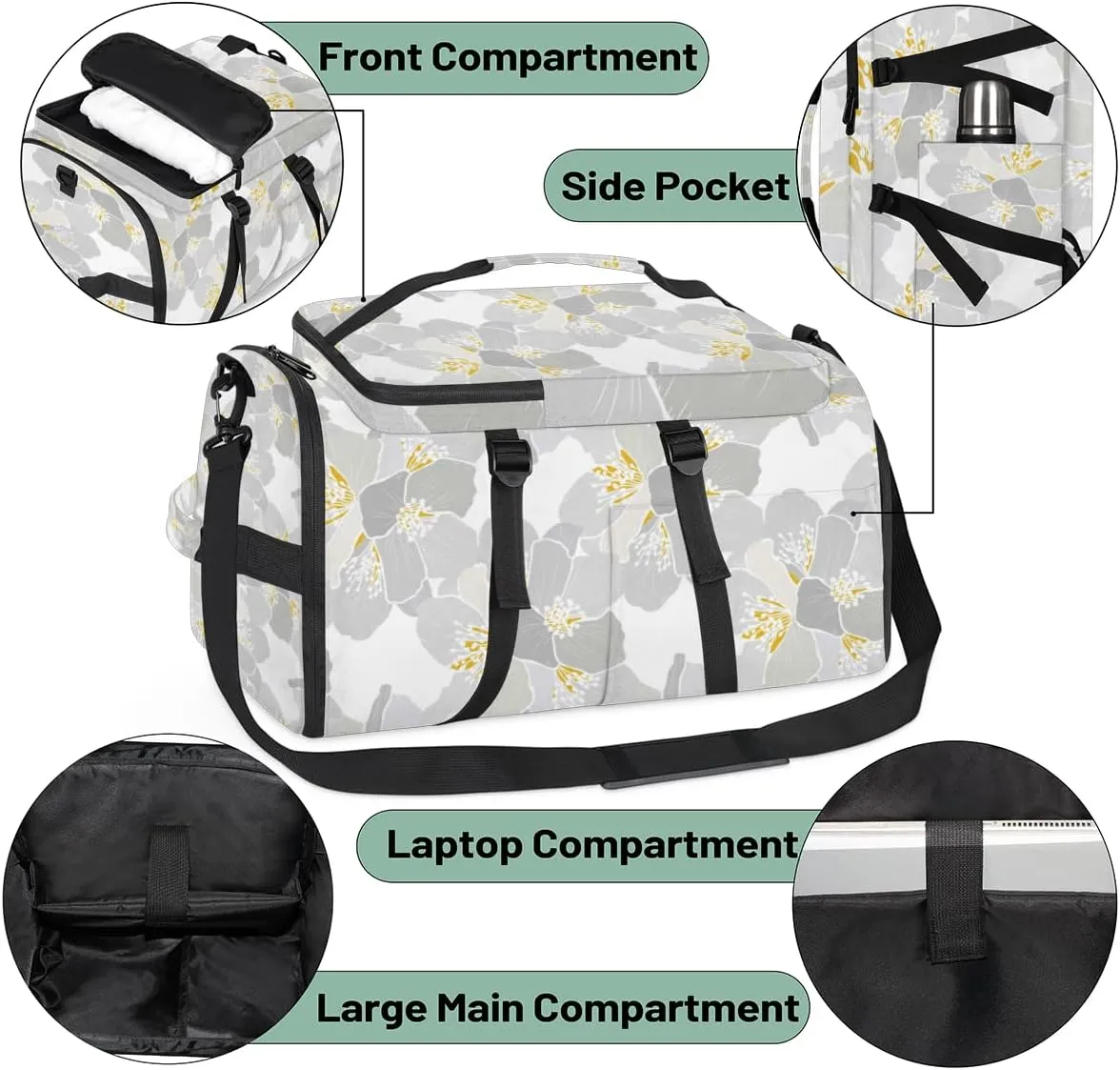 Large Sports Gym Bag With Shoe & Laptop Compartment 47L Waterproof Travel Duffel Bags for Men Women Cartoon Jasmine Gray Luggage Backpack Duffle Bag