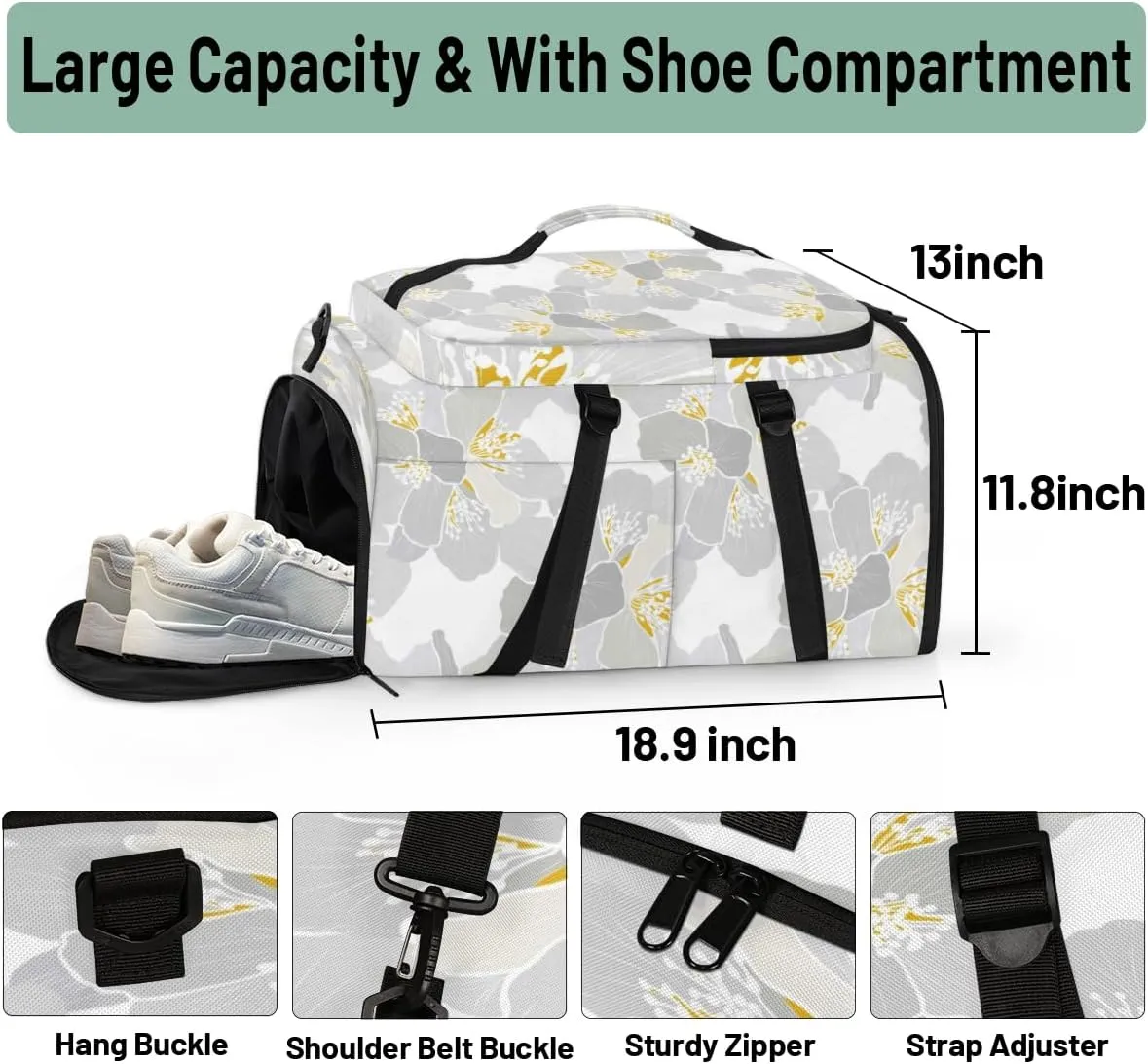 Large Sports Gym Bag With Shoe & Laptop Compartment 47L Waterproof Travel Duffel Bags for Men Women Cartoon Jasmine Gray Luggage Backpack Duffle Bag