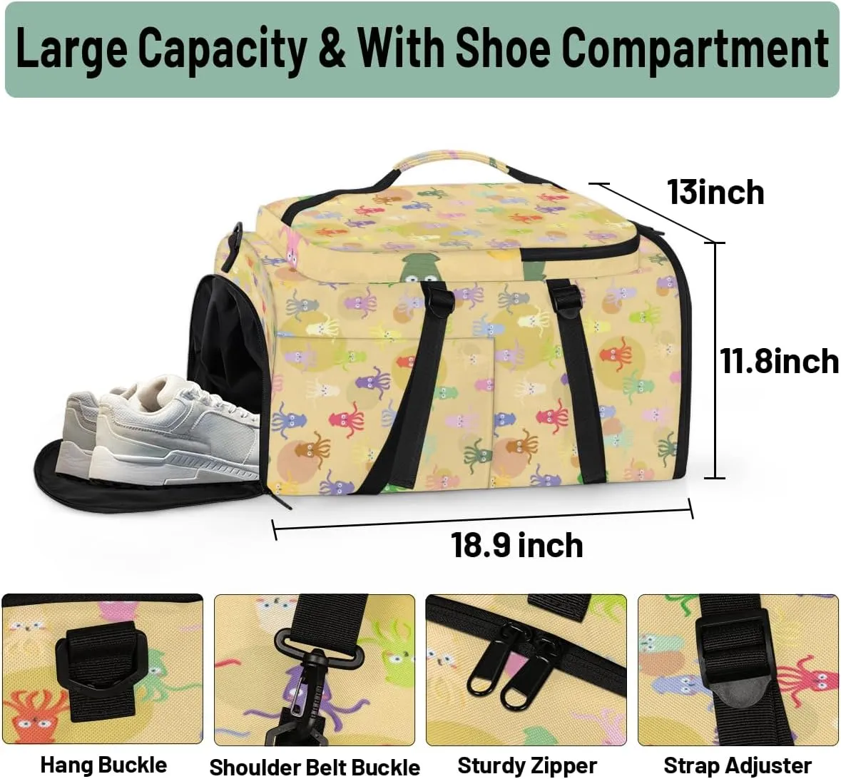 Large Sports Gym Bag With Shoe & Laptop Compartment 47L Waterproof Travel Duffel Bags for Men Women Cartoon Octopus Luggage Backpack Duffle Bag