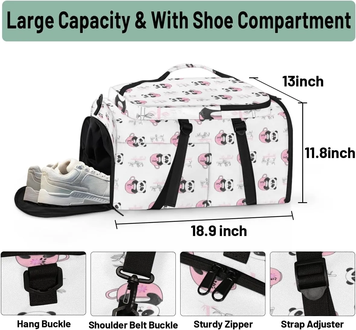 Large Sports Gym Bag With Shoe & Laptop Compartment 47L Waterproof Travel Duffel Bags for Men Women Cartoon Panda Luggage Backpack Duffle Bag