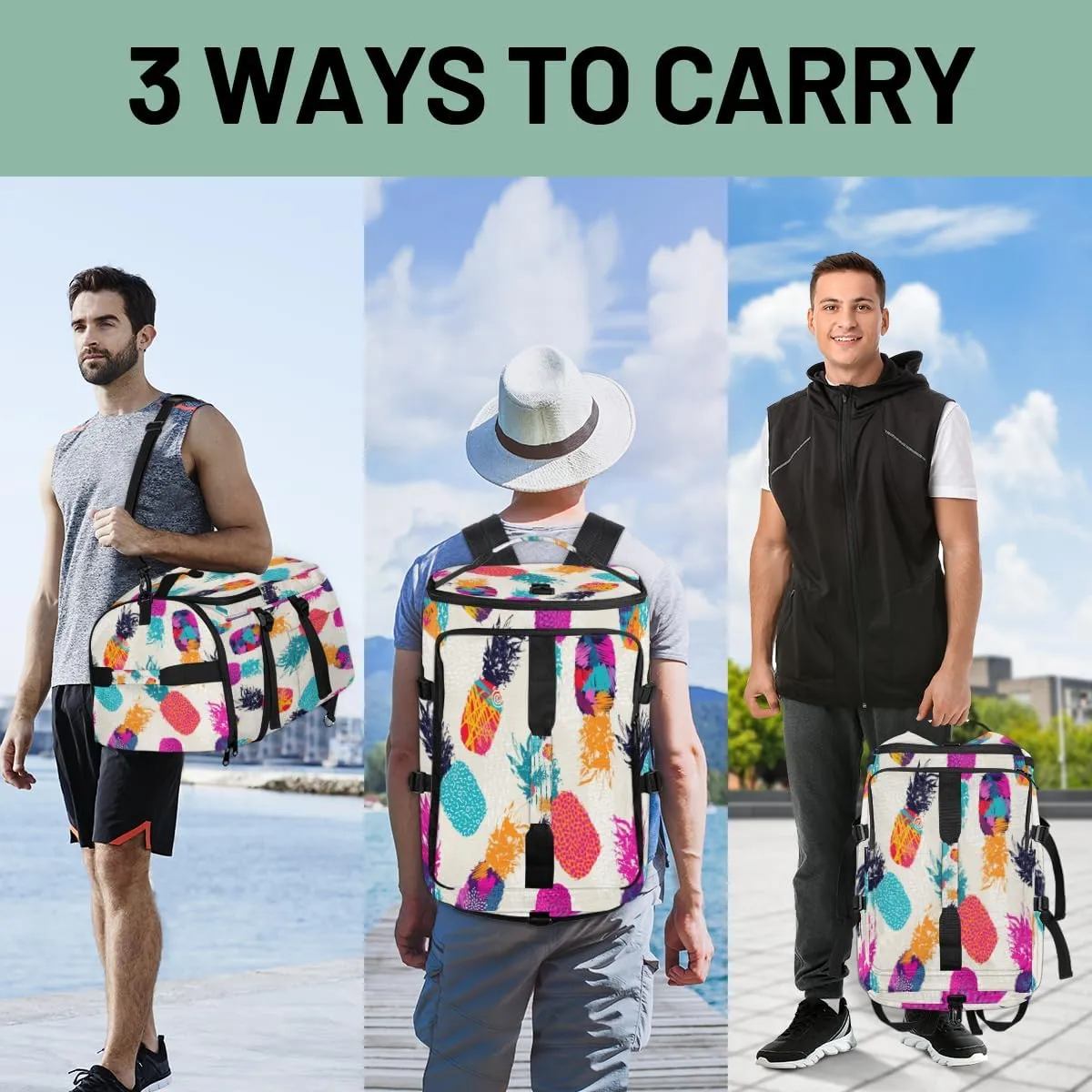 Large Sports Gym Bag With Shoe & Laptop Compartment 47L Waterproof Travel Duffel Bags for Men Women Colorful Pineapple Luggage Backpack Duffle Bag