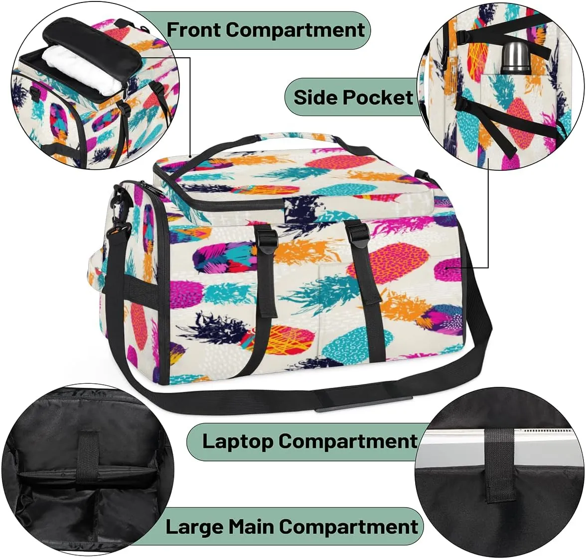 Large Sports Gym Bag With Shoe & Laptop Compartment 47L Waterproof Travel Duffel Bags for Men Women Colorful Pineapple Luggage Backpack Duffle Bag