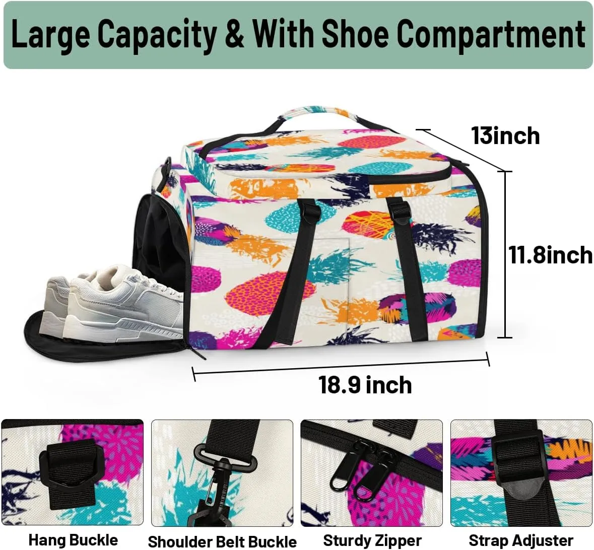 Large Sports Gym Bag With Shoe & Laptop Compartment 47L Waterproof Travel Duffel Bags for Men Women Colorful Pineapple Luggage Backpack Duffle Bag