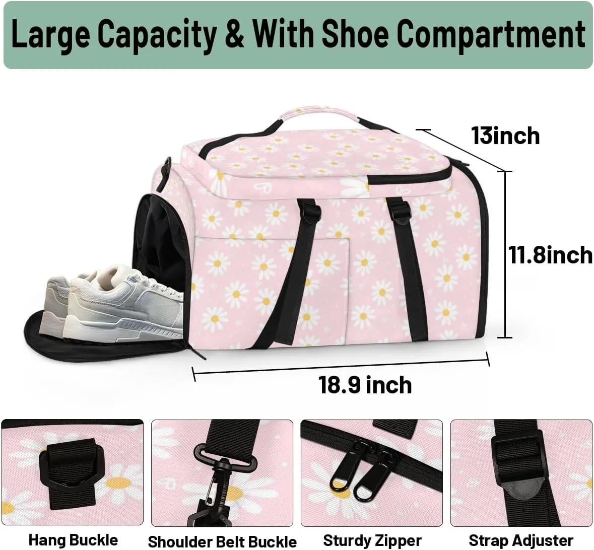 Large Sports Gym Bag With Shoe & Laptop Compartment 47L Waterproof Travel Duffel Bags for Men Women Daisy Heart Luggage Backpack Duffle Bag