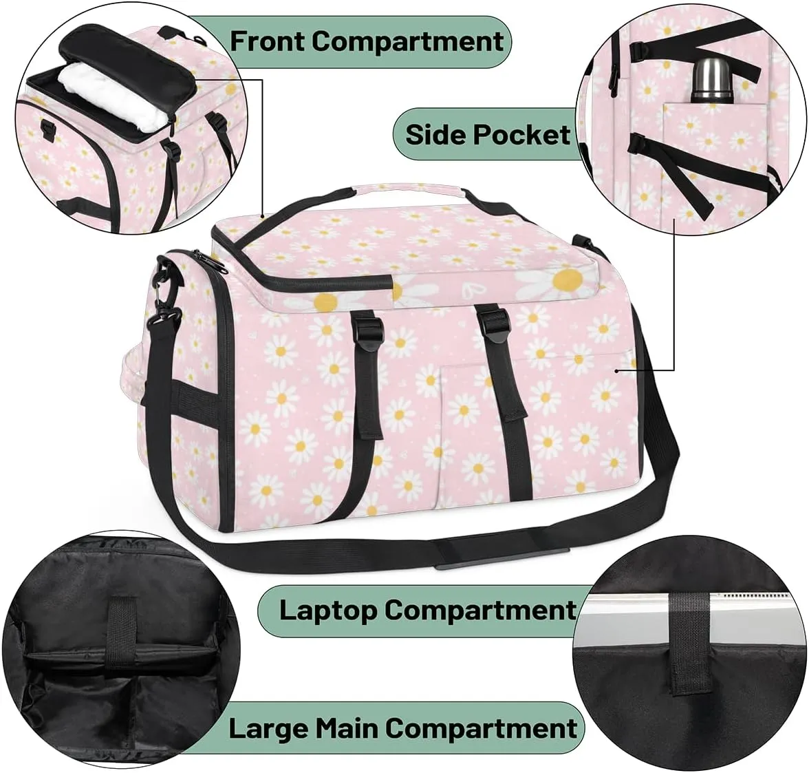 Large Sports Gym Bag With Shoe & Laptop Compartment 47L Waterproof Travel Duffel Bags for Men Women Daisy Heart Luggage Backpack Duffle Bag