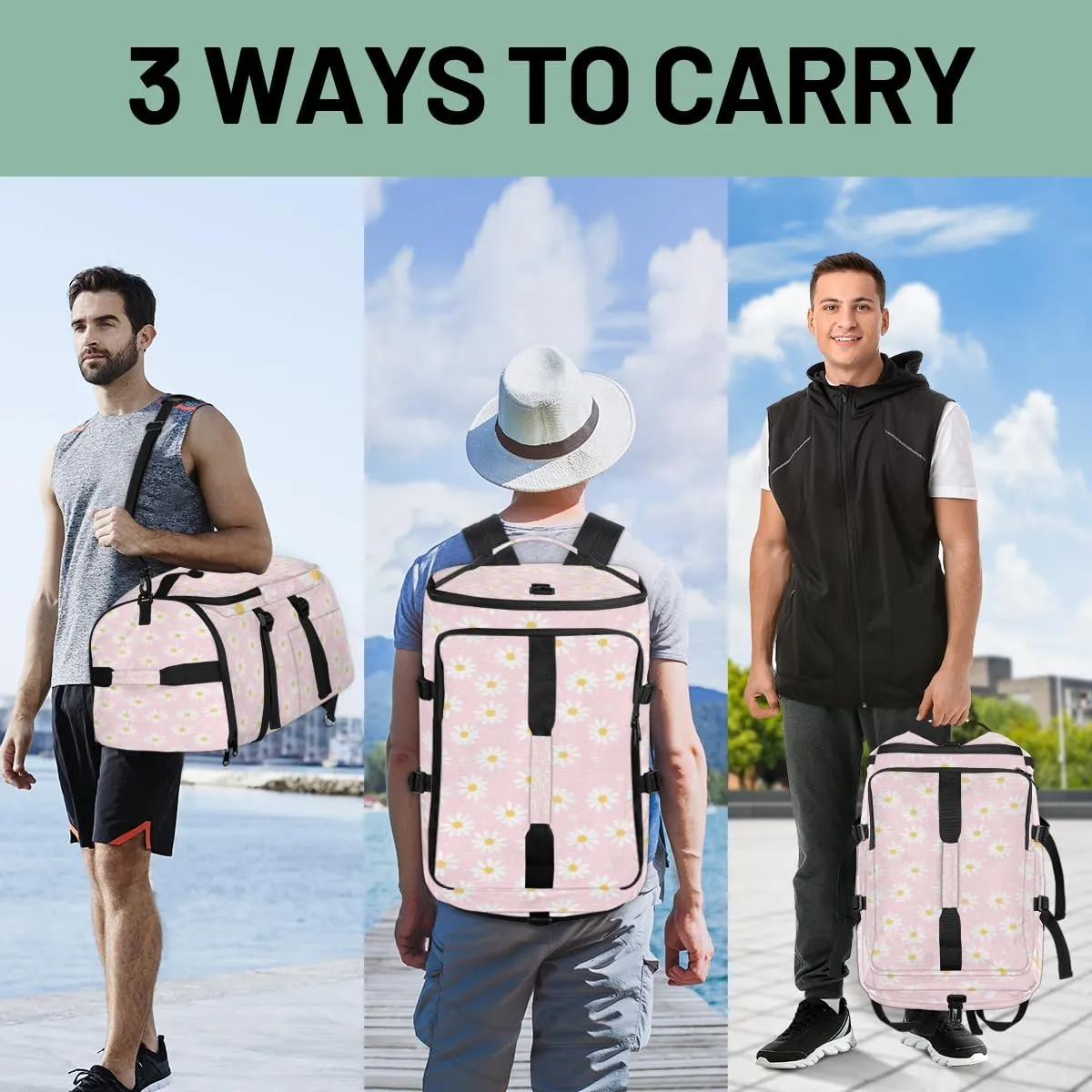 Large Sports Gym Bag With Shoe & Laptop Compartment 47L Waterproof Travel Duffel Bags for Men Women Daisy Heart Luggage Backpack Duffle Bag